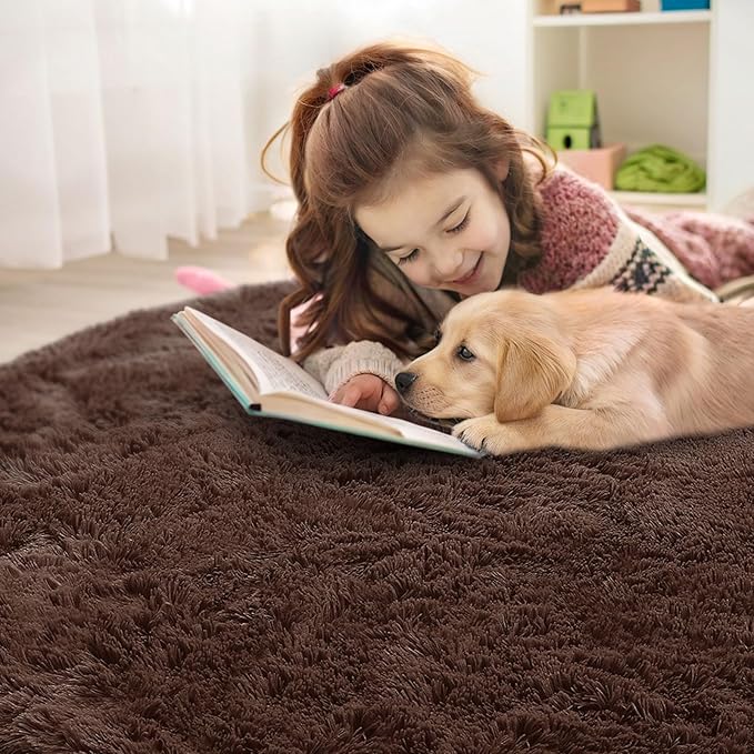 OLANLY Coffee Round Rugs for Bedroom - Machine Washable, 4 ft Circle Area Rugs for Living Room, Soft and Fluffy Shaggy Carpet for Teen Girls and Boys, Nursery Rooms, Dorms, Home Decor Aesthetic