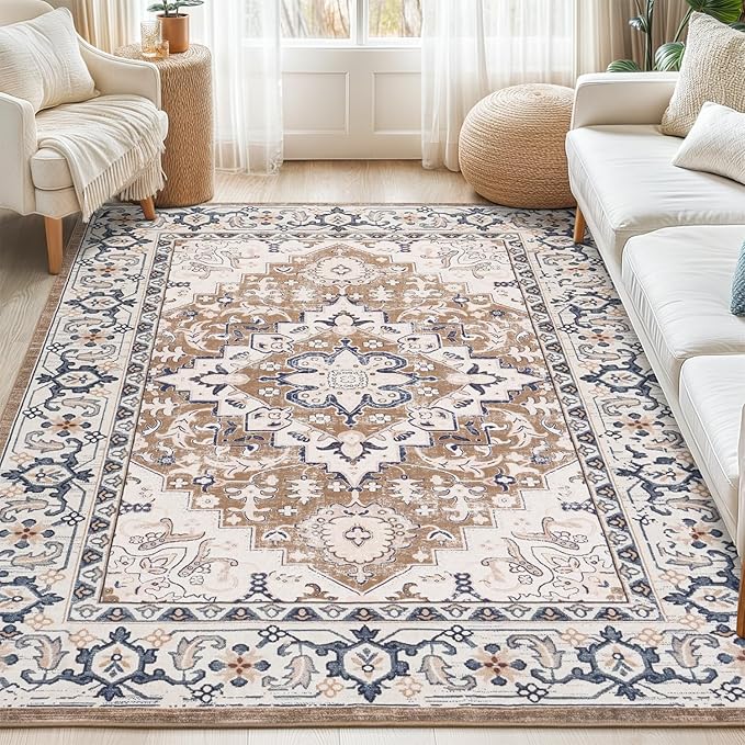 Lofus 5x8 Area Rugs for Living Room, Washable Area Rug, Rugs for Bedroom, Kitchen, Vintage Boho Carpet, Soft Non-Slip, Low Pile Large Area Rug for Office Dining Room, Floral Brown