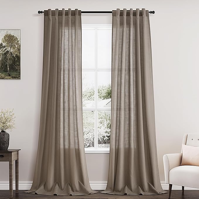 Dark Taupe Linen 102 Inch Long Curtains for Living Room 2 Panels Back Tab Pocket Semi Sheer Light Filtering Curtains Bohemian Rustic Solid Color Drapes for Sliding Glass Door Bedroom 40x102 Inches