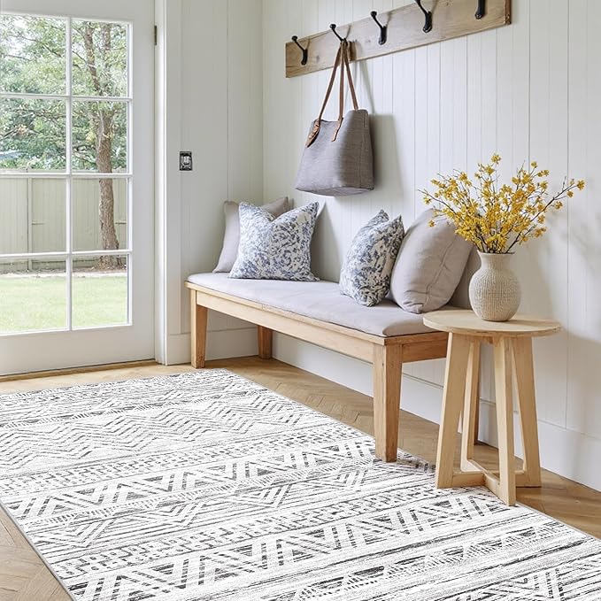 3x5 Washable Entryway Area Rug: Modern Moroccan Small Runner Rug Indoor Soft Non Slip Rug for Living Room Low Pile Thin Floor Carpet for Kitchen Dining Room Bedroom Home Office Decor(3x5,Grey)
