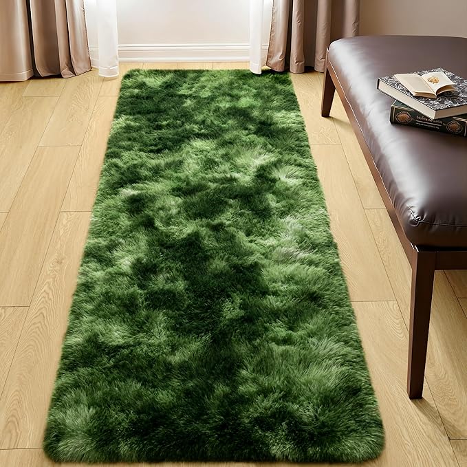 Tepook Soft Runner Rugs for Bedroom 2x6 with Rubber Backing, Tie-Dyed Dark Green Fluffy Rugs for Hallway, Shag Bedside Rug Fuzzy Plush Carpet for Living Room Dorm Nursery Indoor Home Decor