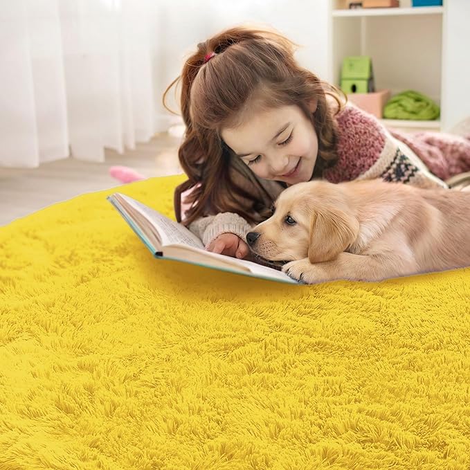 OLANLY Yellow Round Rugs for Bedroom - Machine Washable, 6 ft Circle Area Rugs for Living Room, Soft and Fluffy Shaggy Carpet for Teen Girl and Boys, Nursery Rooms, Dorms, Home Decor Aesthetic