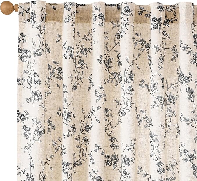 Lazzzy Farmhouse Linen Curtains Extra Long Black Floral Curtains 108 Inch Length Back Tab Drapes for Living Room Bedroom Light Filtering Country Vintage Rod Pocket, 2 Panels, Black on Beige