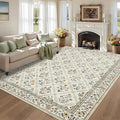 6x9 Machine Washable Area Rugs for Living Room Floral Stain Resistant Soft Carpet Vintage Low Pile Non Slip Non-Shedding Floor Carpet Rugs for Bedroom Nursery Beige