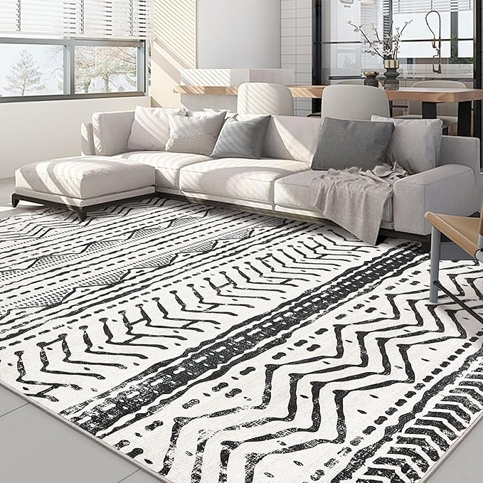 Nakagishi Black Rug for Living Room: 8x10 Washable Boho Large Neutral Soft Farmhouse Area Rugs Stain Resistant Modern Geometric Non-Slip Indoor Floor Carpet for Bedroom Playroom Office Dining Room