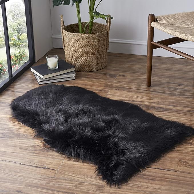 Faux Fur Rug Sofa Chairs Cover, Black Small Rug for Bedroom, 2X3 Shaggy Furry Rugs for Kids Room, Shag Fluffy Rugs for Nursery Room, Soft Fuzzy Plush Carpet, Cute Floor Dorm Decor