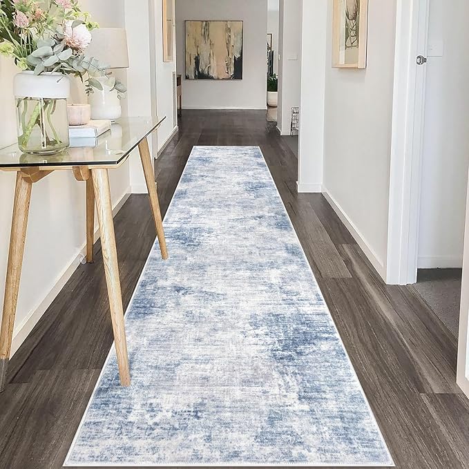 IOHOUZE Abstract Runner Rug 2x10 Ft Washable Runners for Hallways, Non Slip Kitchen Runner Printed Faux Wool Entryway Runner Indoor, Modern Abstract Floor Carpet for Hall Kitchen, Light Blue Grey