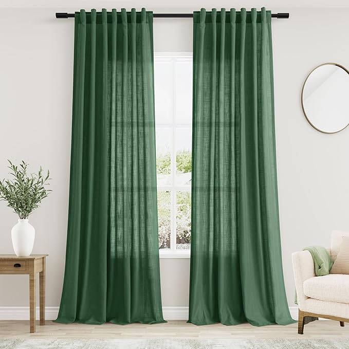 Nanspring Green Boho Curtains for Bedroom Back Tab Rod Pocket Semi Sheer Linen Curtains 90 Inches Long 2 Panel Set Light Filtering Neutral Farmhouse Lightweight Drapes for Living Room 52x90