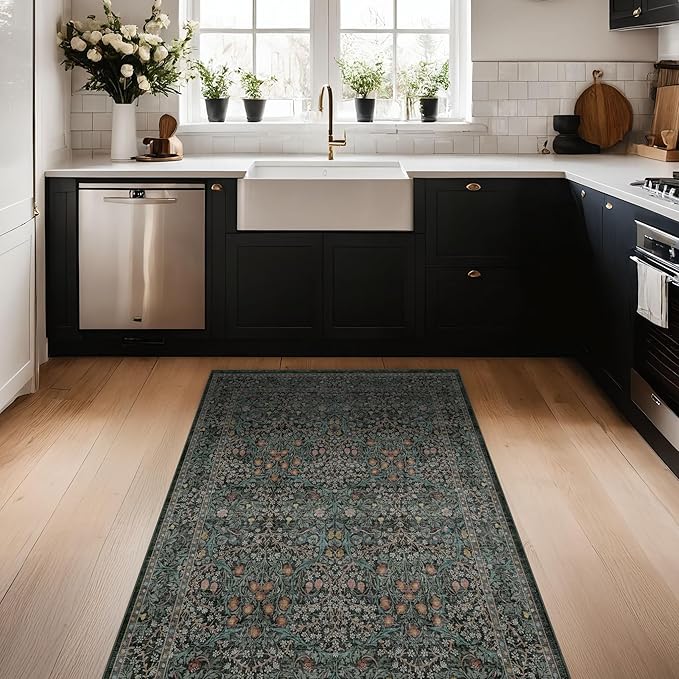 Dark Green 4x6 Washable Area Rug for Living Room Bedroom Large Entryway Kitchen, Ultra Soft Non Slip Stain Resistance, Floral Distressed Aethestic Design