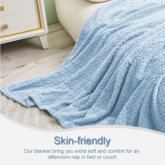 Exclusivo Mezcla Fleece Throw Blanket for Couch and Bed, 50x70 Inches Soft Cozy Jacquard Flannel Blankets, Lightweight Fuzzy Plush Warm Throws for Women, Light Blue