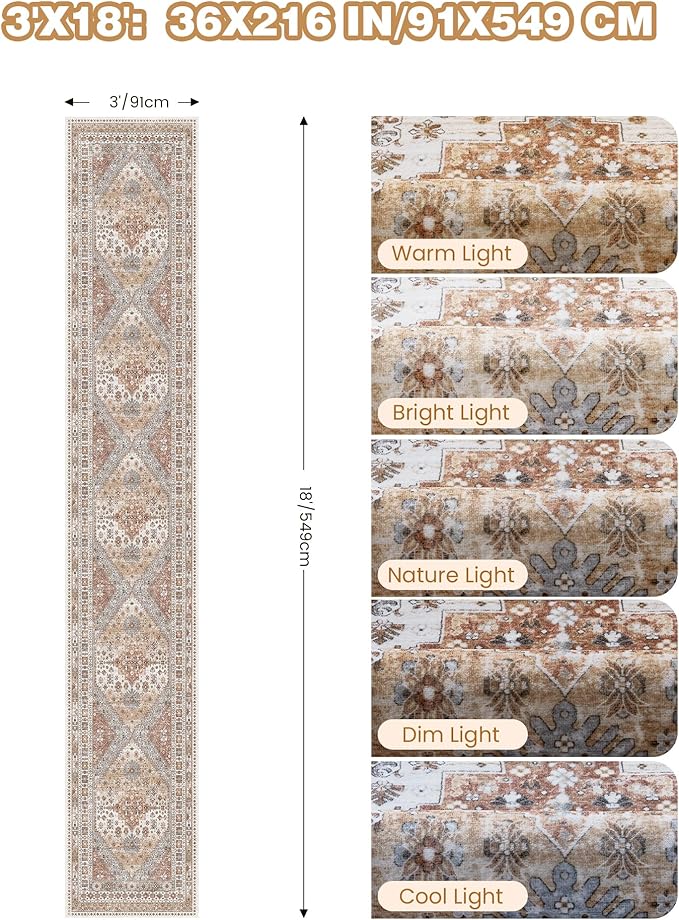 3x18 Runner Rug for Hallway, Non-Slip Long Kitchen Mats for Floor, Vintage Washable Rug for Entryway, Soft Hallway Runner for Dining Room, Bedroom, Living Room(Orange,3'x18')