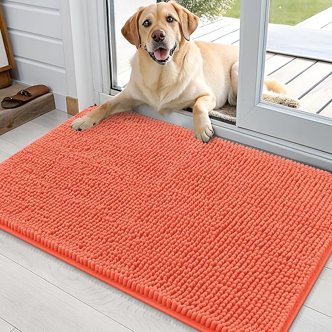 OLANLY Dog Door Mat for Muddy Paws 35x24, Absorbs Moisture and Dirt, Absorbent Non-Slip Washable Doormat, Quick Dry Chenille Mud Mat for Dogs, Entry Indoor Entryway Carpet for Inside Floor, Coral