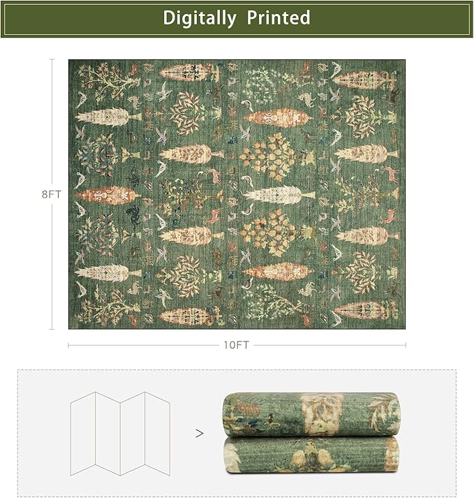 Washable Rugs 8x10 Area Rugs for Living Room,Bedroom,Dining Room- Large Ultra Soft Faux Wool Retro Carpet,Non Slip&Non-Shedding Low Pile Vintage Print Rug for Home Office Dorm-Grass Green