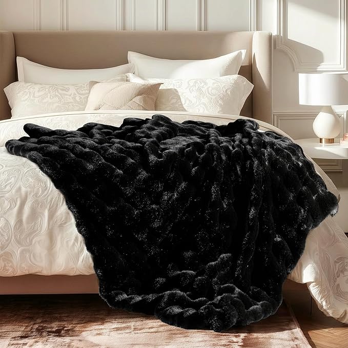 Ultra Soft Cozy Faux Fur Throw Blanket, Fuzzy Plush Thick Bubble Blanket, Oversize Luxury Fluffy Blanket for Couch, Bed, and Living Room, 60x80 Inches, Black