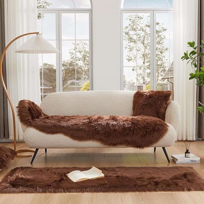 EasyJoy Ultra Soft Fluffy Rugs Faux Fur Rug Chair Cover Seat Pad Fuzzy Area Rug (2x6 ft Rectangle, Coffee)