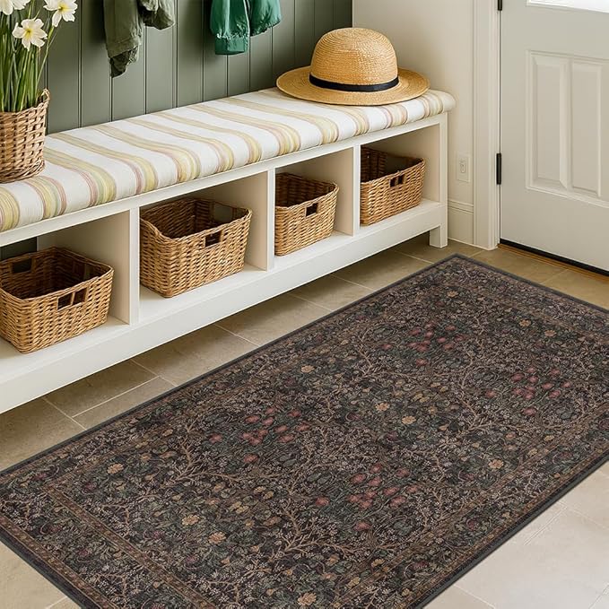 Boho Dark Brown 3x5 Large Entryway Rug - Moody Neutral Washable Low Pile Area Rugs Non-Slip for Mudroom, Door Mat Indoor Entrance, Kitchen, Laundry, Taupe Golden Accent Floral Floor Decor