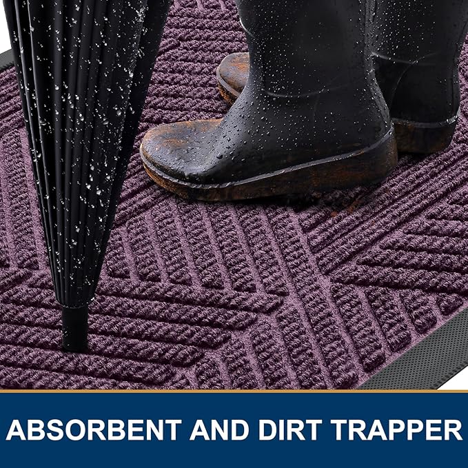 Smiry Front Door Mat Outside Entrance, Heavy Duty Sturdy Natural Rubber Doormat, Trap Dirt and Moisture, Easy Clean Low Profile Mats for Indoor Outdoor Entry, Irregular Triangle (47x32, Purple)