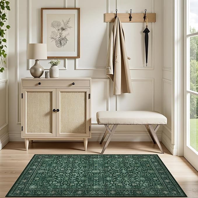 2x3 Area Rugs Living Room Rug: Washable Vintage Distressed Floral Rug No Slip Stain Resistant Soft Carpet Indoor Large Carpets for Bedroom Dining Room Farmhouse Nursery Hallway Home Office Deep Green