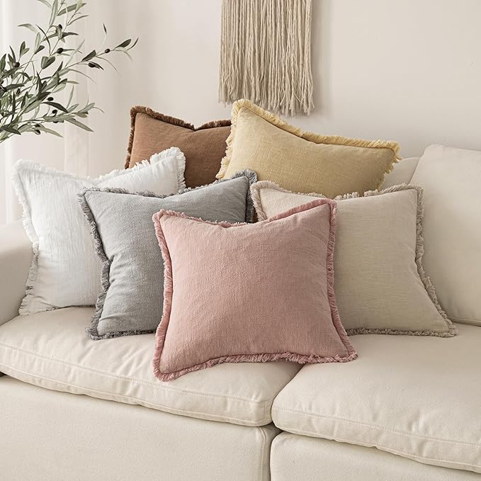 MIULEE Decorative Throw Pillow Covers Neutral Linen Fringe Throw Pillows Euro Shams Set of 2 White Boho Farmhouse Cushion Covers for Couch Sofa Bed Living Room Spring Home Decor 26x26 Inch