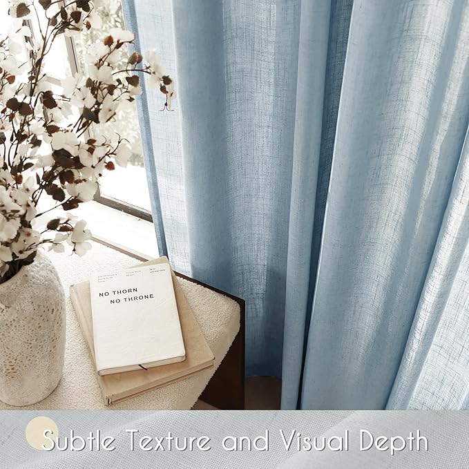 Dusty Blue Linen Curtains for Living Room Back Tab Light Filtering Semi Sheer Light Blue Bedroom Curtains Linen Cotton Textured Grey Blue Drapery Panel Airy Modern Farmhouse Aesthetic Decor 52x90 Long