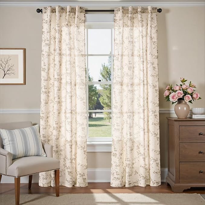 Lazzzy Taupe Floral Linen Curtains 96 Inch Farmhouse Back Tab Drapes for Living Room Bedroom Light Filtering Vintage Grandmillennial Rod Pocket Curtains, 2 Panels, W38 x L96, Taupe on Beige