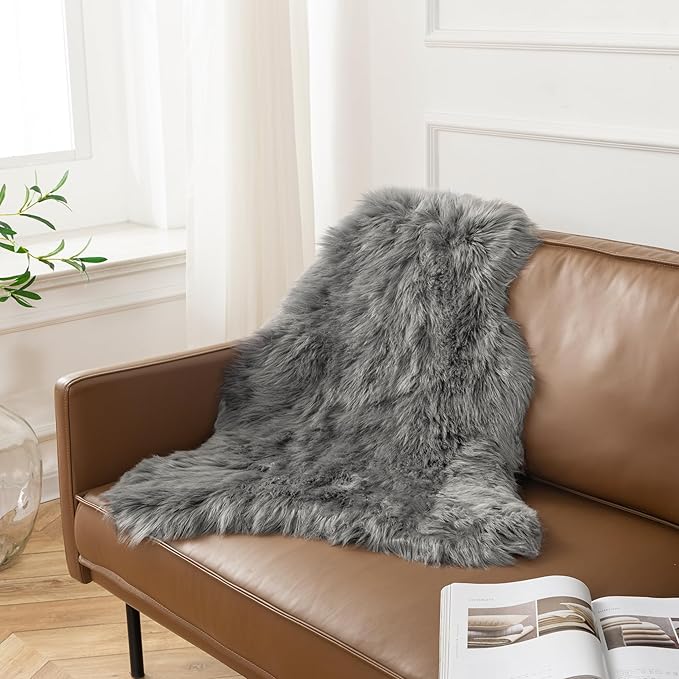 Ashler Faux Fur Rug, Fluffy Shaggy Area Rug Ultra Soft 2 x 3 Feet Sheepskin Fur, Dark Grey Fuzzy Rug Machine Washable Shag Rug, Nursery Decor Throw Rugs for Bedroom, Living Room, Kids Room