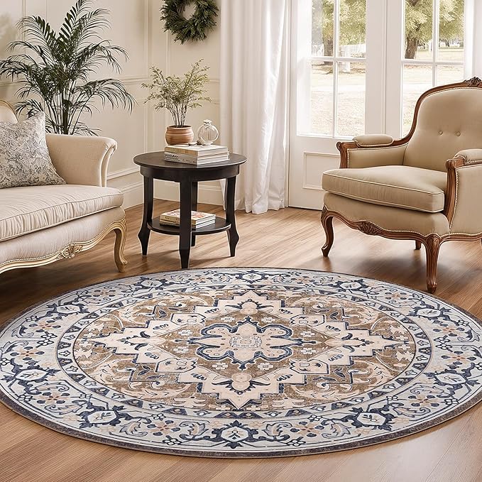Lofus 4ft Area Rugs for Living Room, Washable Area Rug, Rugs for Bedroom, Kitchen, Vintage Boho Carpet, Soft Non-Slip, Low Pile Large Area Rug for Office Dining Room, Floral Brown