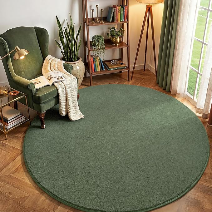 Amearea Sage Green Round Area Rugs 4ft Washable Circle Rugs for Bedroom Living Room, Fluffy Indoor Thickened Memory Foam Rug, Non Slip Minimalist Circular Carpet for Kids Boy Girl Dorm Nursery Room