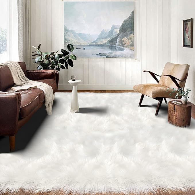 Latepis 9x12 Area Rug for Bedroom White Fluffy Rugs Washable Faux Fur Rug for Living Room Fuzzy Shaggy Rug for Office Entertainment Room Home Décor Rectangle