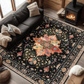 Area Rugs 6'x8' Washable Non-Slip, Floral Vintage Distress Print Pattern Medallion Carpet for Living Room Bedroom Dining Room, Black Colorful Floral Dark Tan