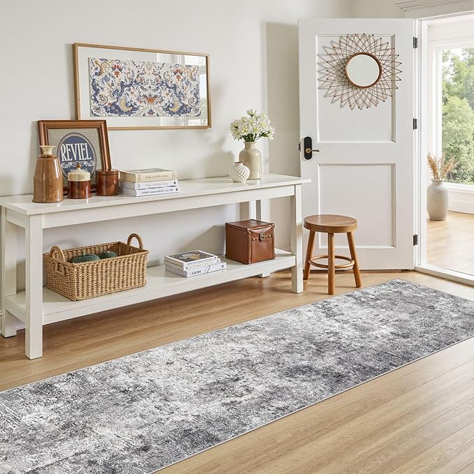 UERMEI 2X10 Washable Runner Rug for Hallway: Soft Neutral Modern Abstract Area Rug - Non-Slip Low Pile Long Throw Indoor Carpet for Kitchen Entryway Kitchen Bedroom Laundry - Grey