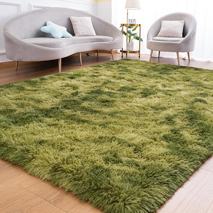 Goideal Fluffy Rug for Bedroom Living Room, 4x6 Green Area Rugs, Faux Fur Shag Modern Carpet Ultra Soft Girls Boys Room Home Decor, Tie-Dyed