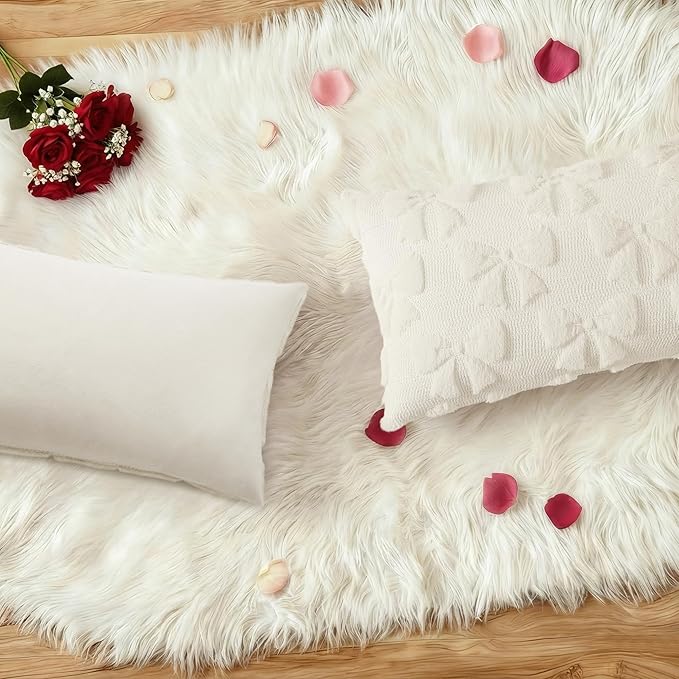 decorUhome Cream White Bow Pillow Covers Set of 2 Coquette Aesthetic Cute Preppy Plush Faux Pillowcases for Girly Bedroom or Couch 12x20 Inch