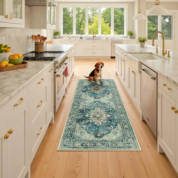 Area Rugs 2'x6' Runner Rug Non Slip Washable for Kitchen Hallway Bedroom Beside Laundry Room Bathroom Rug, Floor Carpet, Dark Blue Vintage