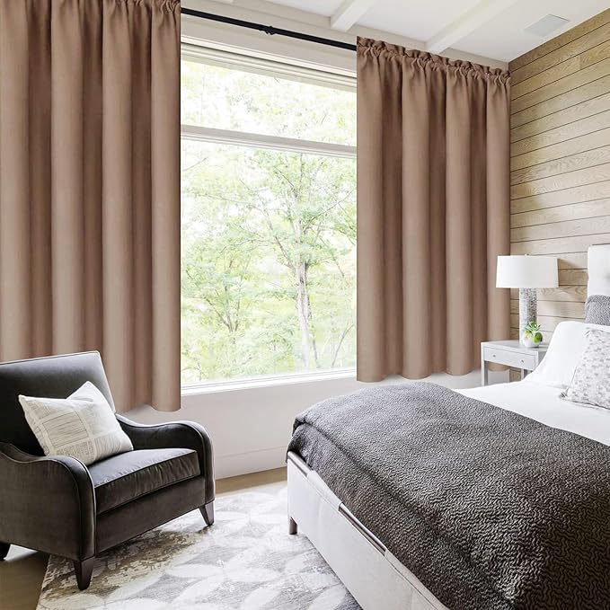 DWCN Blackout Curtains for Living Room Thermal Insulated, Energy Saving & Noise Reducing Bedroom Curtains, Khaki, W 70x L 72 Inch, Set of 2 Rod Pocket Curtain Panels