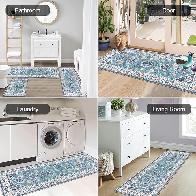 HEBE Boho Kitchen Rug Sets 3 Piece with Runner Non Slip Kitchen Rugs and Mats Washable Kitchen Mats for Floor Thick Kitchen Floor Mat Carpet Runner Rugs for Hallway Laundry Holiday Decor