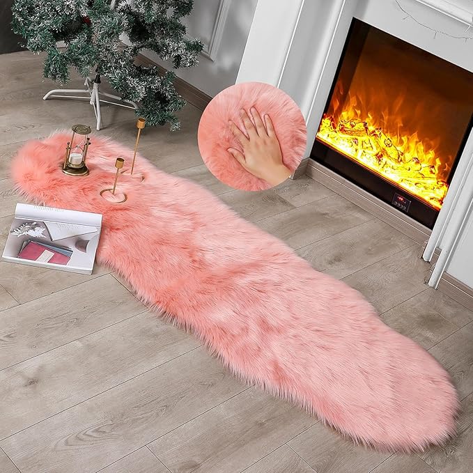 linmopm Faux Fur Rug Sheepskin Shag Fluffy Fuzzy Pink 2x6 ft Runner Rugs for Bedroom Bedside Bed Floor Living Room Plush High-Density Cushion Carpet Super Sofa Cover
