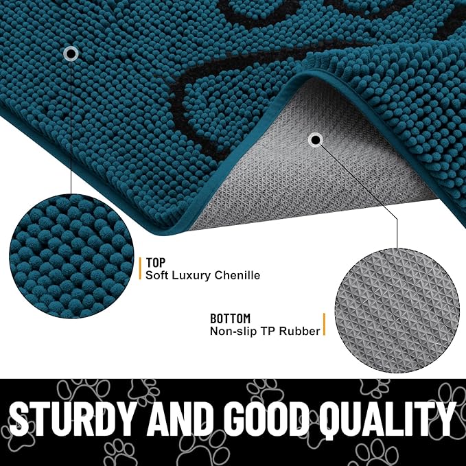 Smiry Dog Door Mat for Muddy Paws, Absorbent Dirt Trapper Non Slip Quick Dry Washable Chenille Mat for Mud Dogs, Entry Rug for Indoor and Outdoor (36x24 Inches, Atlantic Blue and Black)