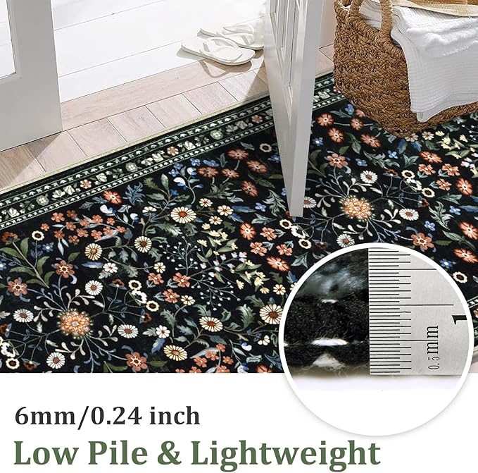 Yamaziot Washable Runner Rug 2x8 – Boho Non Slip Floral Hallway Runner Rug with Rubber Backing, Low Pile Distressed Carpet for Kitchen, Laundry, Bedroom, Entrance, Colorful Black