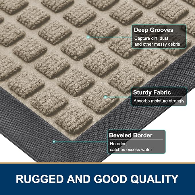 Smiry Front Door Mat Outside Entrance, Heavy Duty Natural Rubber Doormat, Non Slip, Trap Dirt and Moisture, Easy Clean, Low Profile Welcome Floor Mats for Indoor Outdoor Entry, 71x23 Inch, Beige