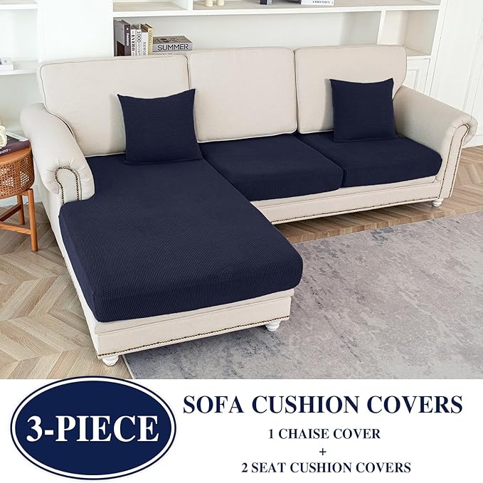 Couch Cushion Covers for Sectional Sofa L Shape Washable Separate Seat Chaise Couch Cover Stretch Sofa Slipcovers with 2 Pcs Pillowcases(2 Seater + 1 Chaise, Navy)