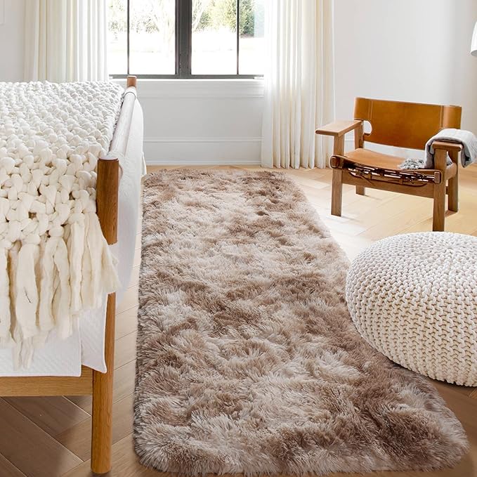 ONASAR Runner Rugs for Bedroom Living Room, Tie-Dyed Beige 2x6 Bedside Hallway Fluffy Area Rug, Ultra Soft Plush Furry Faux Fur Non Slip Floor Carpet for Nursery Kids Dorm Closet Home Decor