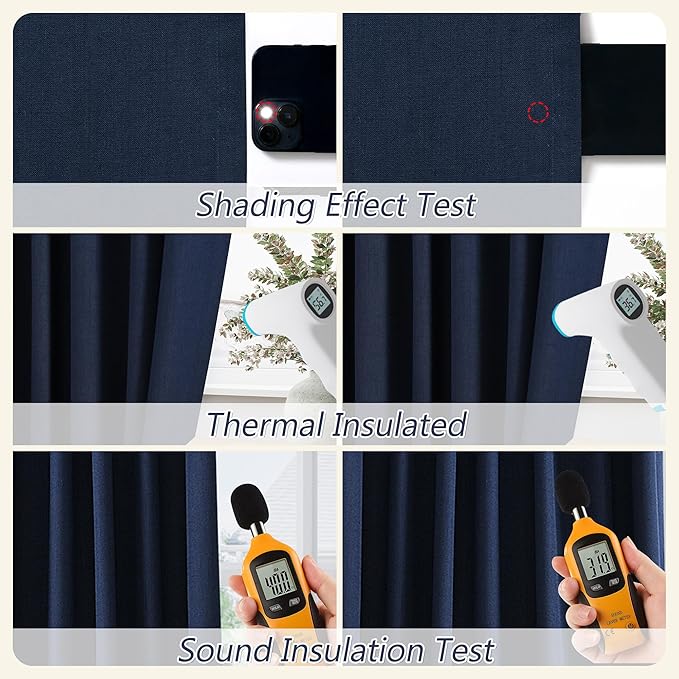 Guken Navy Blue 100% Blackout Linen Curtains 63 Inch Length 2 Panels Set for Living Room Bedroom Back Tab Thermal Insulated Black Out Drapes Room Darkening Farmhouse Window Curtains 63 Inches Long