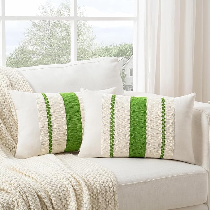 Fancy Homi Set of 1 Boho Lime Green Lumbar Decorative Throw Pillow Cover 12x20 Inch for Couch Bed Sofa Chair, Modern Organic Farmhouse Home Decor, Soft Cotton Cute Accent Rectangle Cushion Case