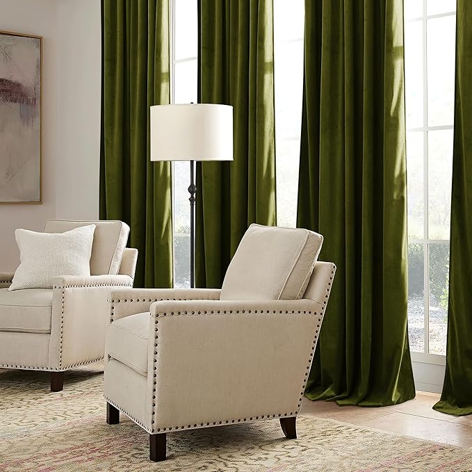 RYB HOME Moss Green Velvet Curtains 84 inches, Luxury and Soft Velvet Fabric, Spring Summer Decorative Curtains & Drapes for Patio Doory Room Window, W 52 x L 84 inches, 2 Panels Set