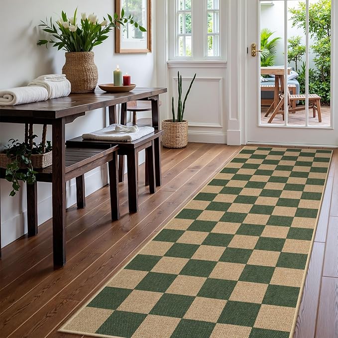 Lahome Colette Checkered Outdoor Runner Rug, 2x8 Green Kitchen Runner Rugs for Non Skid Washable Entryway Carpet, Checkerboard Non Slip Non Shedding Carpet for Bedroom