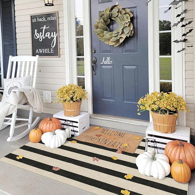 Black and White Striped Entry Rug - 3x5 Ft Washable Indoor Outdoor Front Door Mat Outside Entrance Front Porch Mat Non-Slip Floor Carpet for Bedroom Entryway Kitchen Office Porch Decor