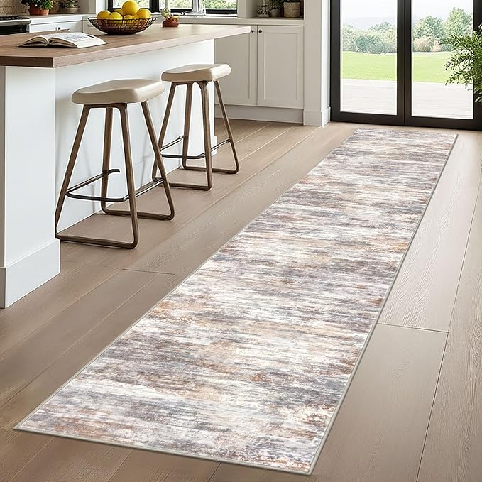 KOZYFLY Modern Abstract Runners for Hallways 2x10 Washable Rug Runner Non-Slip Soft Striped Kitchen Runner Rug, Multi Grey/Orange Print Carpet for Entryway Bathroom