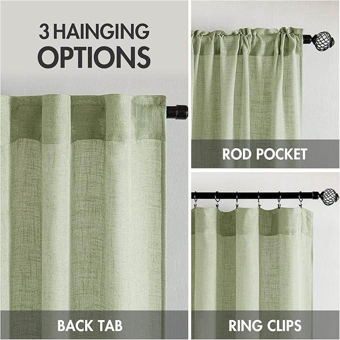 MIULEE Sage Green Linen Curtains 108 Inches Long for Bedroom Living Room, Soft Thick Linen Textured Window Drapes Semi Sheer Light Filtering Back Tab Rod Pocket Burlap Look, 2 Panels