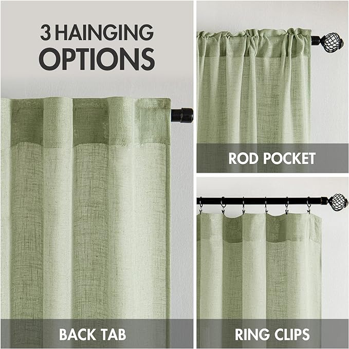 MIULEE Sage Green Linen Curtains 72 Inch Length 2 Panels for Bedroom Living Room, Soft Thick Linen Textured Window Drapes Semi Sheer Light Filtering Back Tab Rod Pocket Burlap Look Decor, W37xL72